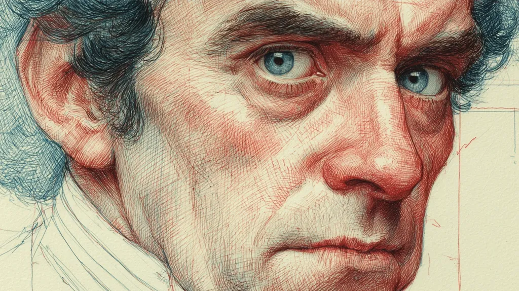 A detailed pen-and-ink portrait of a man with dark, wavy hair.  The artist uses fine lines to create texture and depth, emphasizing the subject's furrowed brow, intense gaze, and prominent nose.  The man's expression is serious and contemplative.  The use of red and blue ink provides subtle shading and contrast, enhancing the realism of the drawing.