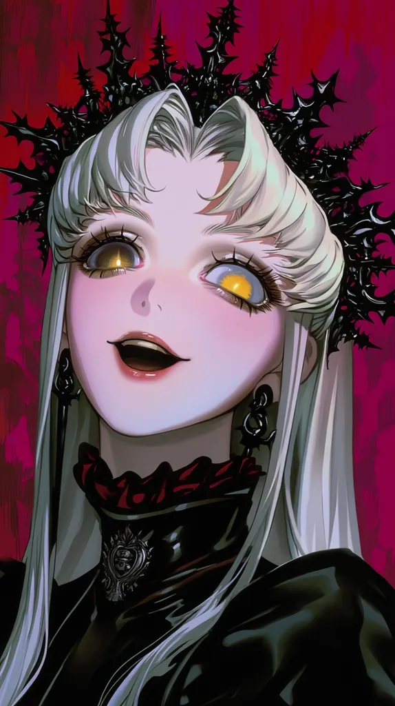 A stylized anime-esque portrait of a pale woman with long silver hair, wearing a black, spiky crown and a dark, gothic-style collar. Her eyes are a striking yellow, and she has a mischievous smile. The artwork is rendered in a dark, dramatic style with rich blacks and deep reds in the background, creating a visually arresting image.  The overall impression is one of alluring darkness and fantasy.