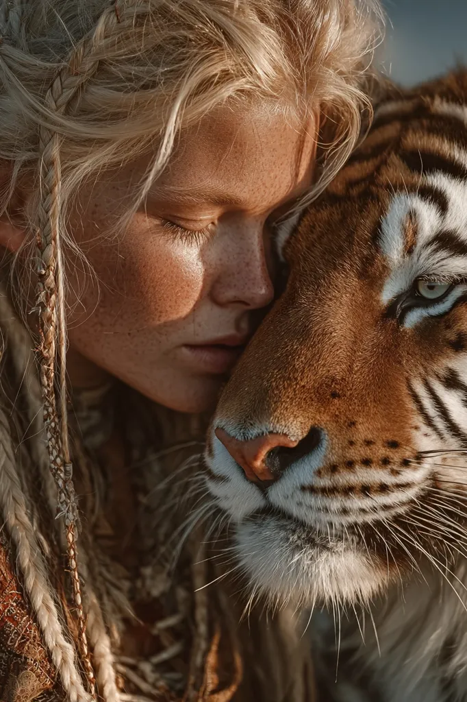 A young woman with long blonde braids rests her face against a tiger's.  Her eyes are closed, suggesting serenity and trust. The tiger's gaze is intense yet gentle, mirroring the woman's calm expression.  The warm lighting and close-up shot emphasize the intimacy and connection between the human and the wild animal.  The image evokes themes of nature, connection, and the unexpected beauty of human-animal interaction.