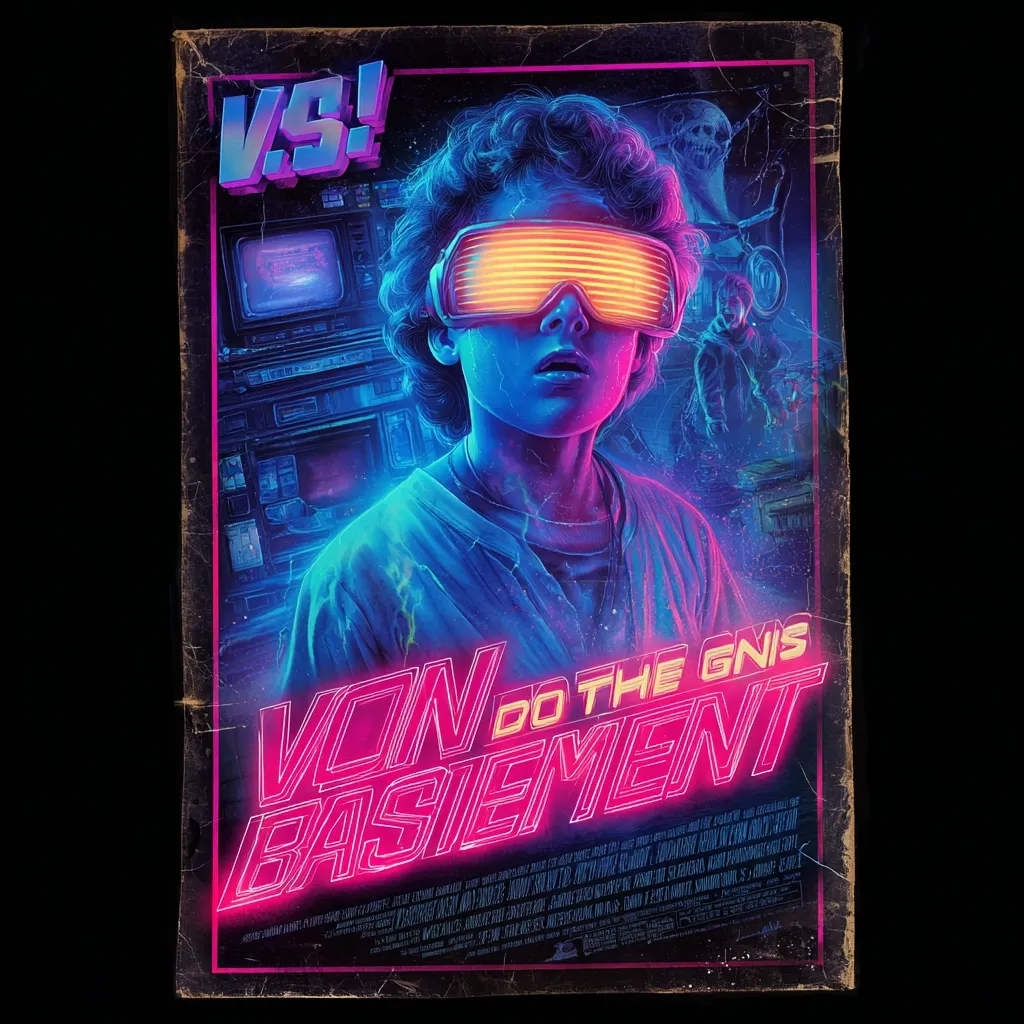 A retro-styled poster features a young boy with futuristic goggles, bathed in vibrant neon blue and pink hues.  The title "VON DO THE GNIS BASEMENT" is displayed in a stylized 80s font, with "VS!" prominently positioned above.  The background depicts a dimly lit technological setting, suggesting a sci-fi or fantasy theme. The poster's edges appear worn, adding to its vintage aesthetic.