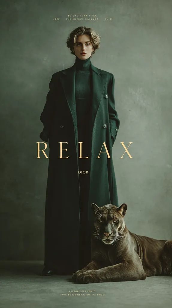 A woman in a long, dark green coat stands with a large, dark-colored panther.  The word "RELAX" is prominently displayed, with "DIOR" subtly below. The overall mood is dark, moody, and sophisticated, suggesting a fashion campaign or editorial. The image has a vintage feel.