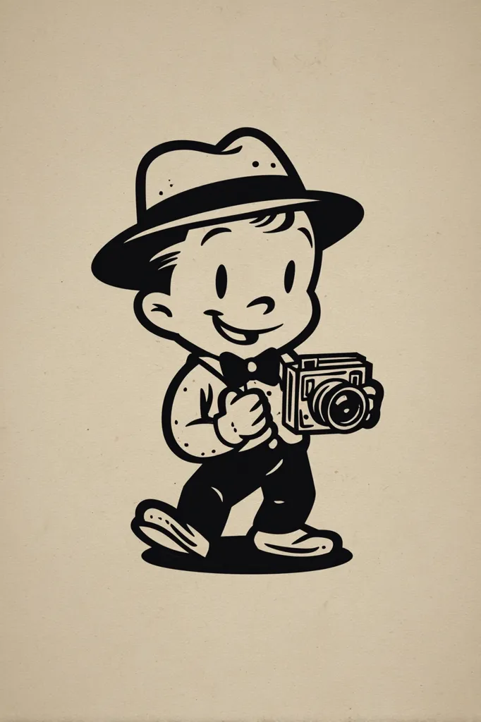 A vintage-style cartoon illustration depicts a smiling boy, wearing a fedora and bow tie, carrying a large, old-fashioned camera.  He's walking briskly, his attire and the camera suggesting a photographer or newsboy from a bygone era. The black-and-white artwork has a retro feel, reminiscent of classic comic strips or advertisements.