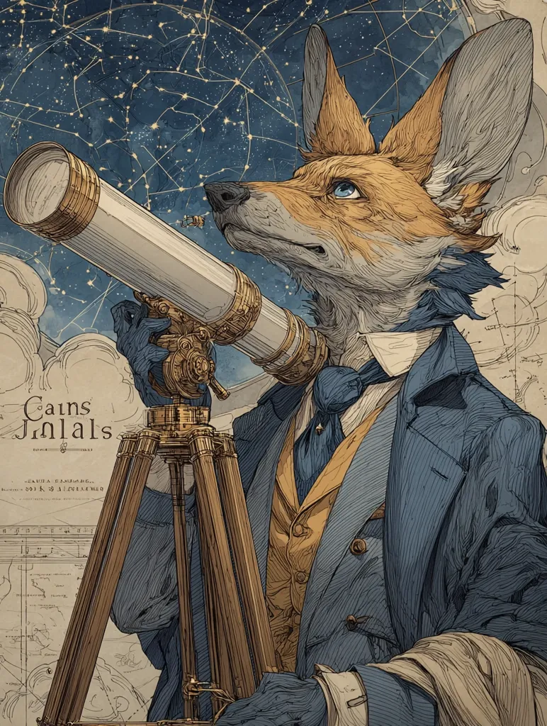 A fox anthropomorphism, dressed in a Victorian-style blue coat and waistcoat, gazes through a brass telescope at a star-filled night sky.  The detailed illustration features a celestial chart in the background, suggesting astronomical study.  The fox's attentive expression and the intricate detail of the telescope create a sense of scholarly curiosity and wonder.  The artwork has a vintage, almost steampunk aesthetic.