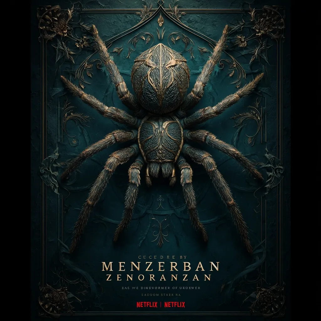 A dark teal poster features a large, intricately detailed tarantula at its center. The spider's body is adorned with gold accents, giving it an ornate, almost regal appearance. The spider sits within an ornate, gold-detailed frame reminiscent of an antique book cover.  Text at the bottom announces the film "Menzerban Zenoranzan," directed by someone named Zac We Dinevormer of Urdrever.  A Netflix logo is present.