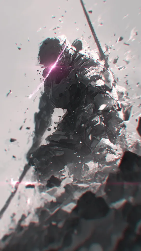 A grayscale digital painting depicts a lone warrior, clad in dark armor, amidst a chaotic storm of debris.  The figure, partially obscured by the swirling particles, wields a long weapon. A pink energy pulse emanates from the warrior's face, adding a dramatic and mystical element to the scene. The overall style is expressive and painterly, emphasizing motion and intensity.