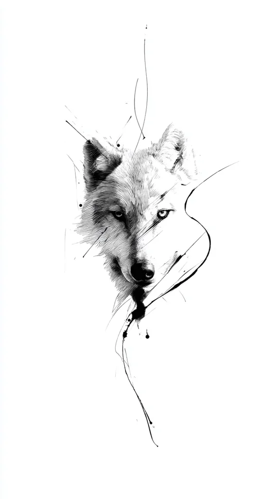 A stylized black and white drawing of a wolf's head.  The wolf is rendered realistically, its fur detailed and expression intense.  Surrounding the wolf are expressive black ink strokes and splatters, creating a dynamic and abstract background. The contrast between the detailed wolf and the abstract background makes for a striking image. The overall style is modern and artistic.