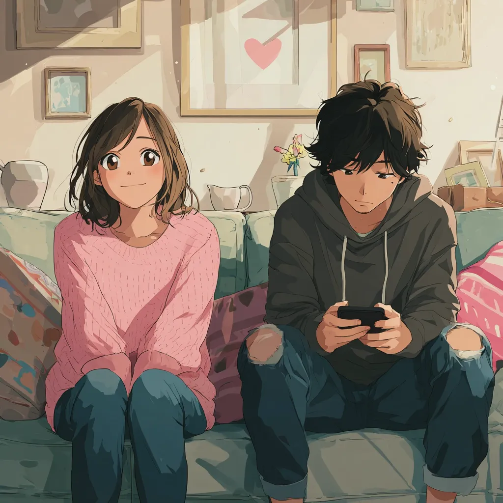 A young anime couple sits on a couch. The girl, wearing a pink sweater and jeans, looks at the viewer with a gentle smile.  The boy, in a grey hoodie and ripped jeans, is engrossed in his phone.  The sunlit room is decorated with framed pictures and flowers, creating a warm and intimate atmosphere.  Their quiet closeness suggests a comfortable and loving relationship.