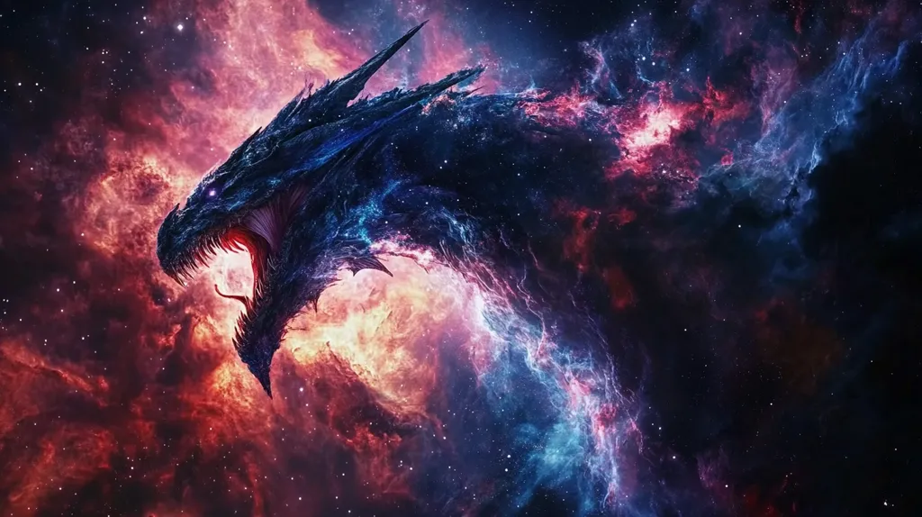 A digital painting depicts a colossal, dark blue dragon's head and neck emerging from a vibrant nebula.  The dragon's mouth is open in a roar, its scales textured and detailed. The nebula swirls in shades of red, orange, and blue, creating a cosmic backdrop that contrasts with the dragon's dark form.  Stars twinkle across the scene, enhancing the otherworldly atmosphere.