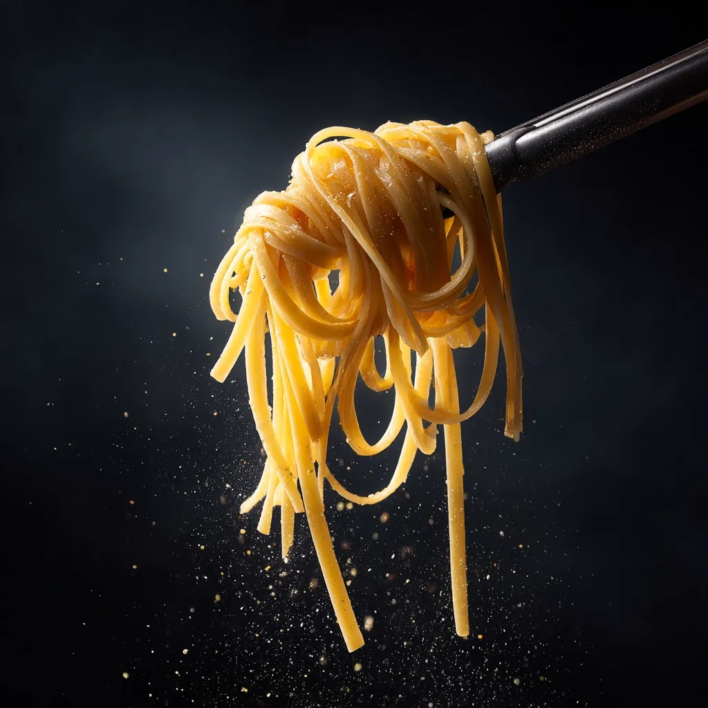 A dark, moody close-up captures freshly cooked pasta being lifted with tongs.  Golden strands of linguine, glistening with oil, hang down, with specks of seasoning suspended in the air. The dark background enhances the pasta's color and texture, creating a visually appealing image of culinary delight.