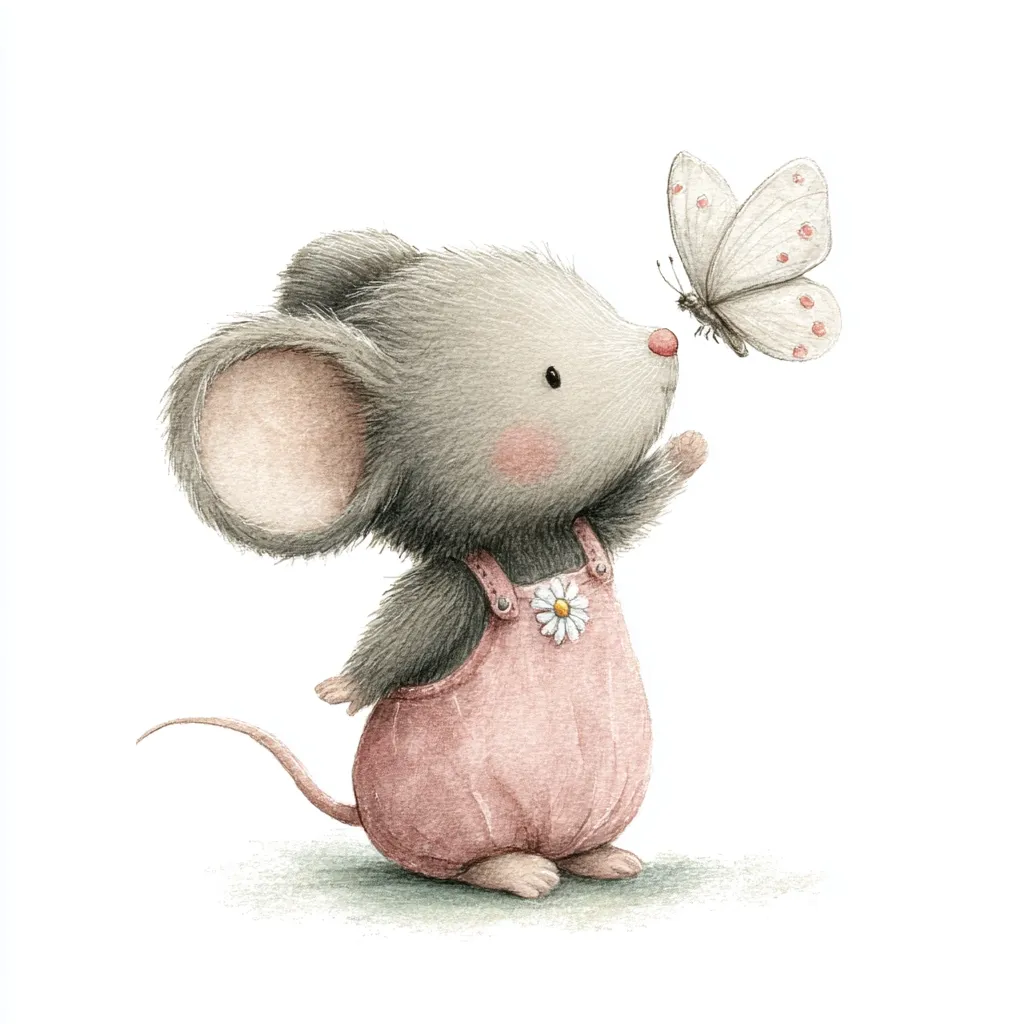 An adorable watercolor illustration features a small mouse, dressed in pink overalls adorned with a daisy, gazing up at a delicate butterfly. The mouse's large ears and curious expression add to its charm.  The soft, muted colors and gentle scene create a heartwarming and whimsical image. The overall style is reminiscent of children's book illustration.
