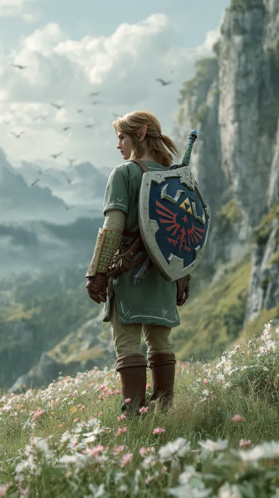 A Link cosplay stands in a field of wildflowers, gazing at a mountainous landscape.  The cosplayer is accurately outfitted in the green tunic, brown boots, and Hylian shield from Breath of the Wild.  Birds fly overhead against a cloudy sky. The overall scene evokes the game's serene yet adventurous atmosphere.