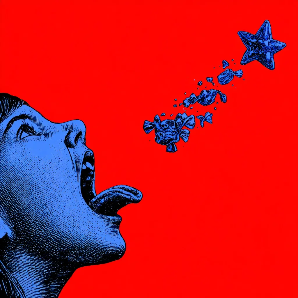 A stylized illustration depicts a person's head and shoulders, rendered in blue against a vibrant red background.  Their mouth is open wide, tongue extended, as if expelling a stream of blue, candy-like objects that transform into a star.  The style is reminiscent of vintage engravings, with a bold, graphic quality.  The image suggests a whimsical, possibly surreal, expulsion of sweetness.