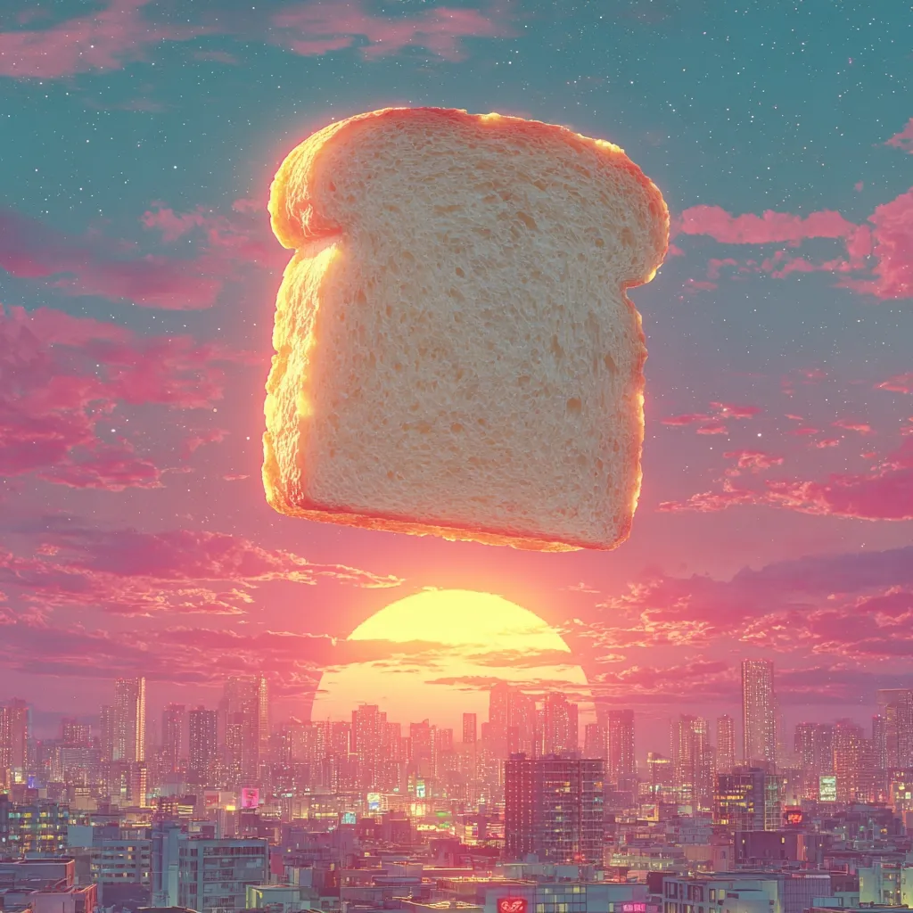 A surreal digital artwork depicts a large slice of bread floating in the sky above a cityscape at sunset.  The sky is a vibrant blend of pink, purple, and orange hues, with stars visible. The sun is a large, bright orb setting behind the city's skyline. The contrast between the ordinary object (bread) and the fantastical setting creates a dreamlike atmosphere.