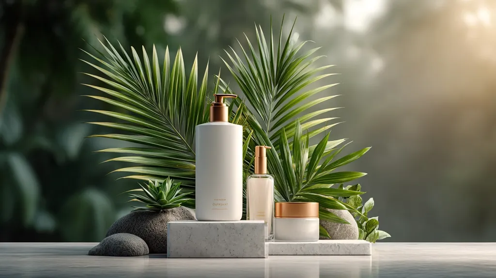 Luxury skincare products are displayed on a minimalist marble setting.  A white pump bottle, a smaller spray bottle, and a cream jar with copper accents are surrounded by lush green palm fronds and succulents.  The scene evokes a sense of natural beauty and tranquility, highlighting the products' purported connection to nature.  The soft lighting enhances the elegant aesthetic.