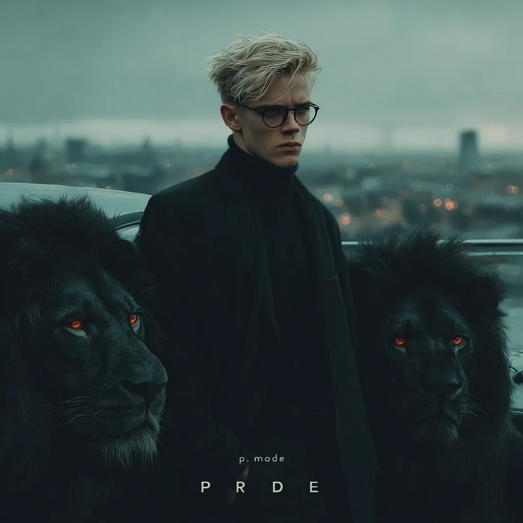 A young man with blonde hair and glasses stands in a dark coat between two majestic black lions with glowing red eyes.  The scene is moody, set against a cityscape backdrop at twilight. The word "PRIDE" is prominently displayed, suggesting a theme of power, dominance, and perhaps even a touch of danger. The overall aesthetic is dark, stylish, and slightly surreal.