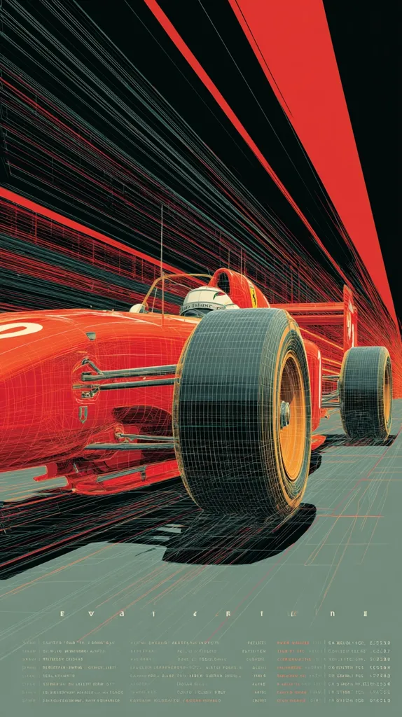 A stylized illustration of a classic red Ferrari Formula 1 race car speeding down a track.  The car is rendered with a wireframe overlay, suggesting motion and speed.  Bold red and black lines create a dynamic sense of movement against a muted green background.  Small text at the bottom likely details specifications or credits. The image is vibrant and energetic, capturing the essence of high-speed racing.