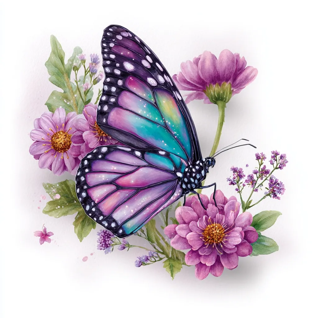 A watercolor painting depicts a vibrant, iridescent butterfly with purple and teal wings, delicately perched amidst a cluster of pink chrysanthemum flowers and smaller purple blossoms.  The butterfly's wings shimmer with a subtle sparkle, contrasting beautifully with the soft watercolor hues of the flowers and foliage. The overall composition creates a serene and elegant floral scene.