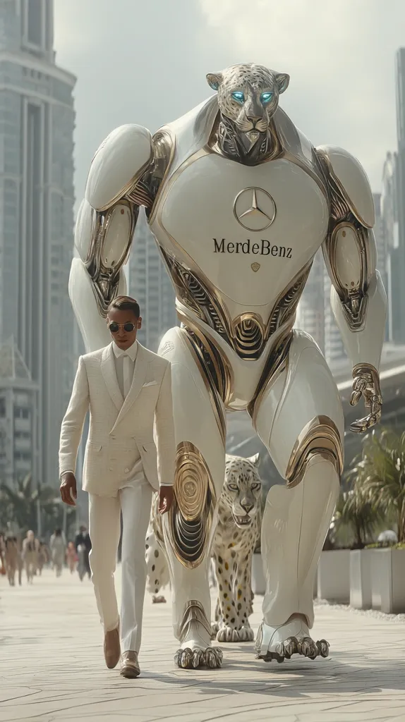 A man in a white suit walks between a large, white and gold robotic figure resembling a snow leopard and a smaller snow leopard statue. The robot features the Mercedes-Benz logo.  The scene is set against a modern cityscape backdrop. The overall aesthetic is luxurious and futuristic.
