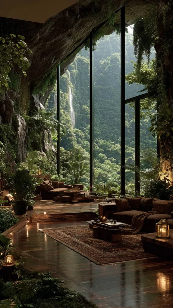 A stunning living space nestled within a natural cave. Floor-to-ceiling windows offer breathtaking views of a lush, verdant landscape and a cascading waterfall.  The interior features a rich, dark wood floor, comfortable brown seating, and a warm, inviting atmosphere enhanced by low lighting and lush indoor plants.  The design seamlessly blends indoor luxury with the beauty of the surrounding wilderness.