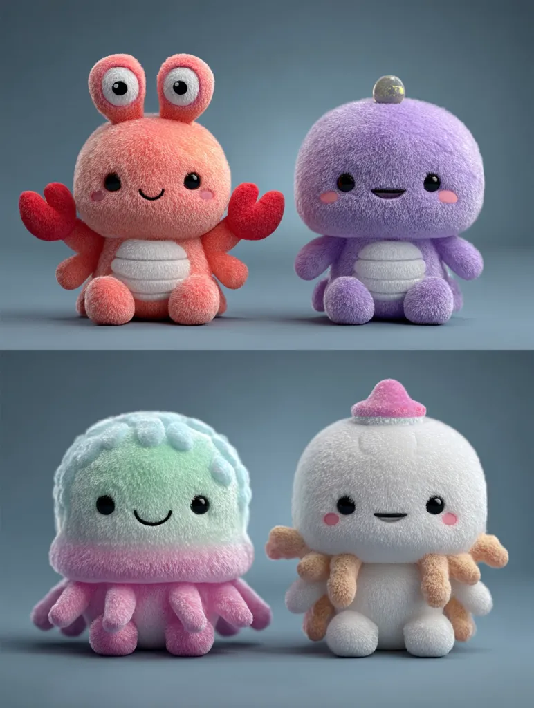 Four adorable plush toys are arranged in pairs.  The top row features a cheerful orange crab and a sweet purple sea creature. The bottom row showcases a pastel jellyfish and a charming white octopus with pink accents.  All the toys have large, expressive eyes and friendly smiles, designed in a cute kawaii style.