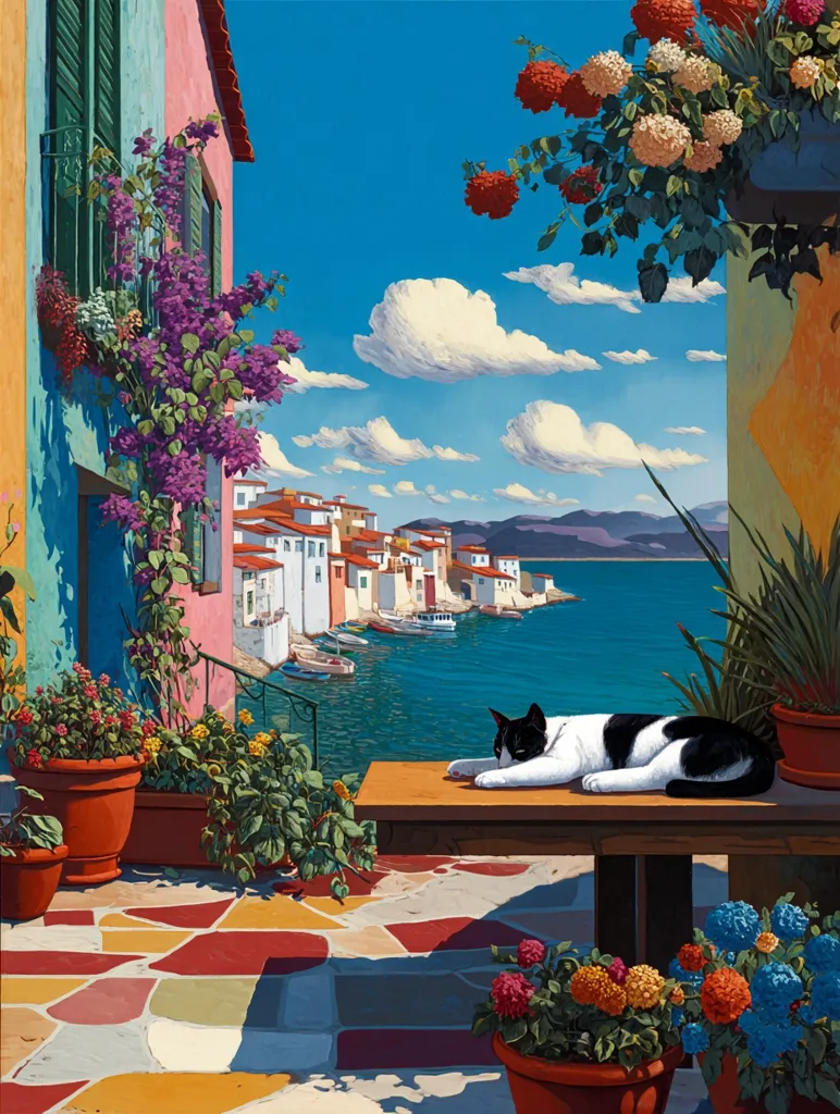 A black and white cat naps on a wooden bench overlooking a picturesque Mediterranean harbor. Colorful buildings line the waterfront, their vibrant facades adorned with flowering plants.  Bright sunshine illuminates the scene, casting shadows on the terracotta tile patio.  The tranquil atmosphere evokes a sense of peace and idyllic seaside living.