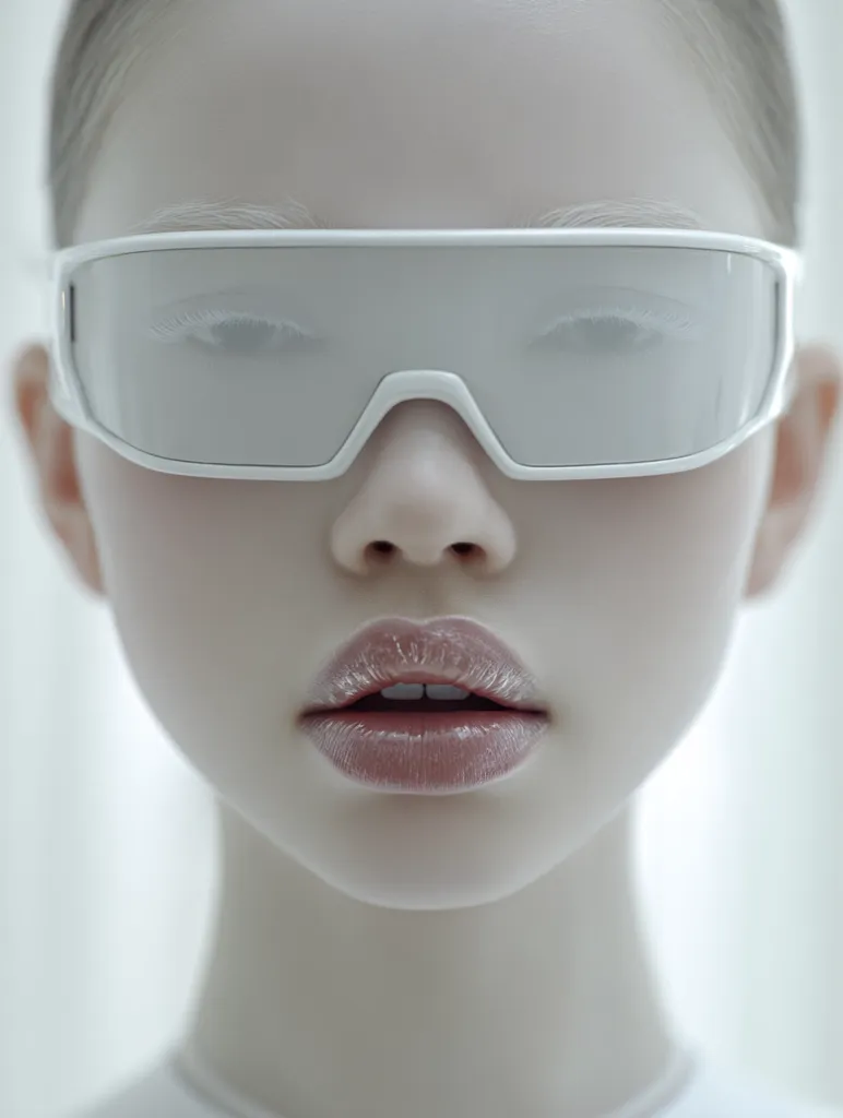Close-up of a young woman's face, her expression serene.  She wears futuristic, opaque white goggles that obscure her eyes, creating a minimalist and somewhat androgynous aesthetic. Her pale skin and subtly glossy lips contribute to a clean, almost clinical look.  The overall image is stark and suggestive of a technologically advanced or dystopian future.