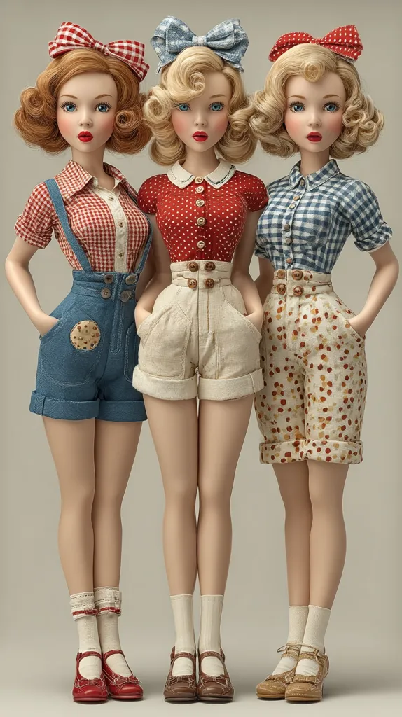 Three stylized dolls, reminiscent of 1950s fashion, stand side-by-side. Each doll sports a unique outfit: one in red polka dots, another in blue gingham, and the last in denim overalls.  Their hairstyles are similar, featuring voluminous curls and bows adorning their hair. They wear coordinating socks and Mary Jane shoes, completing their charming retro look.