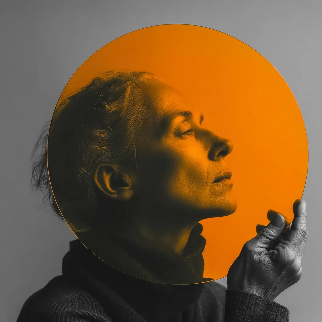 A woman's profile is subtly highlighted against a vibrant orange circular backdrop.  Her face, rendered in shades of gray, is serene and contemplative, her gaze directed upward.  The contrast between the monochrome portrait and the intense orange creates a striking visual effect, suggesting a theme of inner light or hidden potential.  She holds the circular object delicately, adding to the artistic and enigmatic mood of the image.