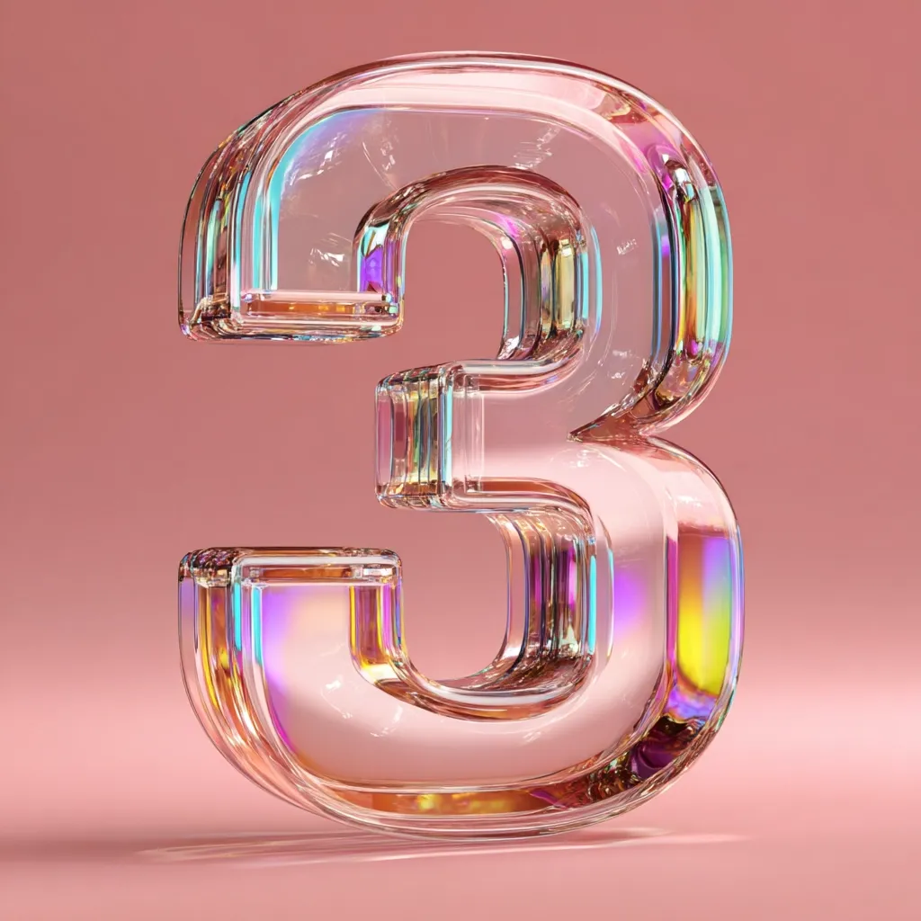 A three-dimensional rendering of the number three is shown.  The number is rendered in a transparent, glass-like material with iridescent, rainbow-like reflections along its edges. The background is a soft, muted pink. The overall effect is sleek, modern, and slightly otherworldly.