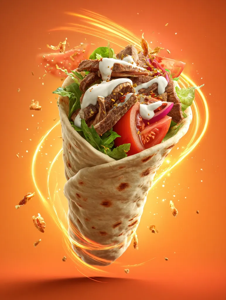 A delicious-looking gyro is shown in mid-air against a vibrant orange background.  The warm-toned image showcases the pita bread wrap filled with succulent slices of roasted meat, fresh lettuce, tomato, onion, and a creamy white sauce.  Bits of seasoning and vegetables appear to be flying around it, creating a dynamic and appetizing effect. The overall presentation is vibrant and suggests a flavorful and satisfying meal.