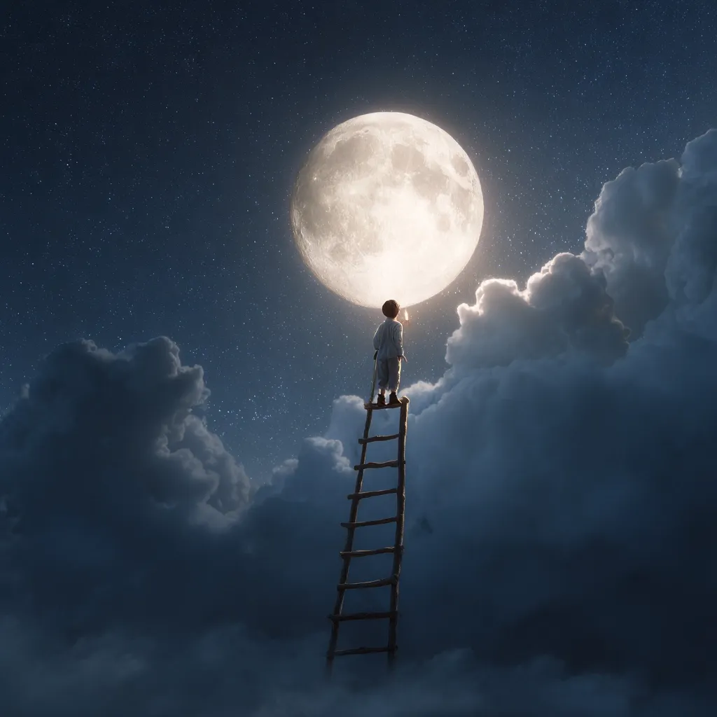 A child stands atop a wooden ladder, reaching towards a colossal moon in a surreal nightscape.  Fluffy clouds surround the ladder, creating a dreamy atmosphere under a star-studded sky. The scene evokes a sense of wonder and childlike imagination, capturing a moment of reaching for the impossible. The moon is bright and full, dominating the image.