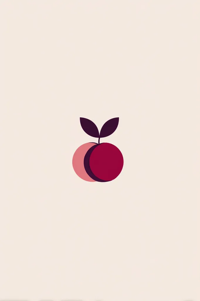 The image features a minimalist illustration of a fruit, possibly a cherry or similar type of berry.  Two overlapping circles represent the fruit, one a darker, richer red, and the other a lighter pink.  Two small dark leaves sprout from the top, completing the simple, stylized design against a light beige background.  The overall style is modern and geometric.