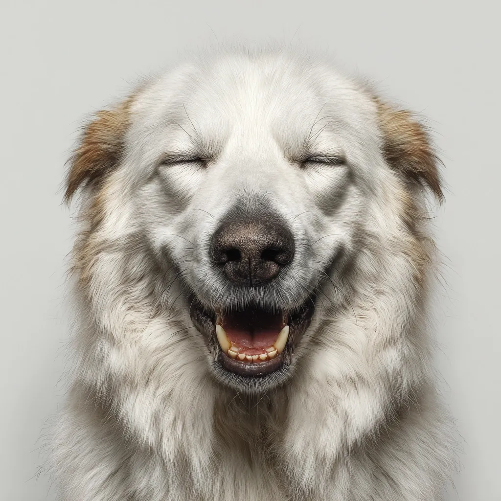 A fluffy white dog with tan highlights around its ears, its eyes closed in a blissful expression. Its mouth is open in a wide, happy grin, revealing its teeth. The dog's fur is thick and appears soft, and its nose is dark and prominent. The overall image conveys a sense of contentment and joy.