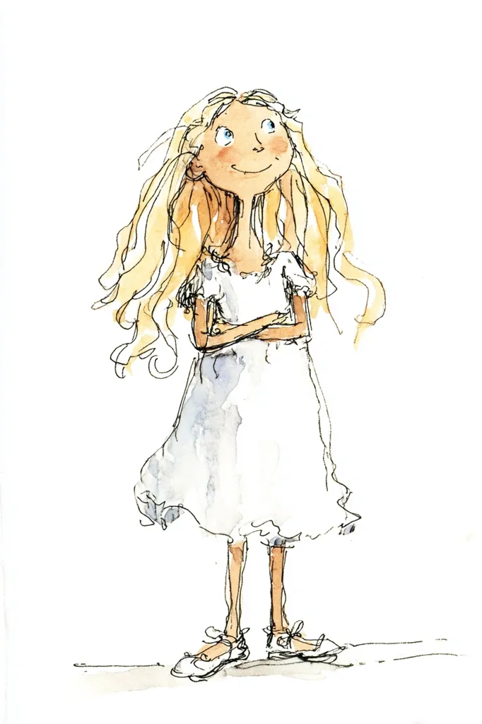 A watercolor illustration of a young girl with long blonde hair, wearing a white dress and shoes.  She stands with her arms crossed, gazing upwards with a dreamy expression.  The style is loose and expressive, emphasizing the girl's whimsical nature.  The light washes of color create a delicate and airy feel.