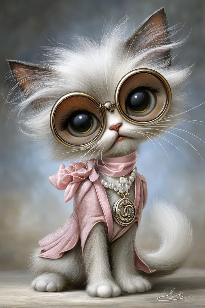 A fluffy white kitten, adorned in a pink outfit and oversized round glasses, sits elegantly.  A pearl necklace with a Chanel-inspired pendant hangs around its neck, adding to its sophisticated appearance. The kitten's large, expressive eyes and soft fur are beautifully rendered in this digital artwork.  The overall style is whimsical and luxurious.