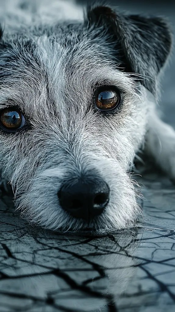 A close-up shot reveals a dog's face, its fur a mix of gray and white, with dark eyes that reflect a hint of sadness. The dog's nose is dark and prominent, and its expression is pensive. The dog rests on a cracked surface, its reflection subtly visible in the water. The overall mood is melancholic and intimate, highlighting the dog's expressive eyes and textured fur. The image is predominantly monochromatic, emphasizing the dog's features and creating a dramatic effect.