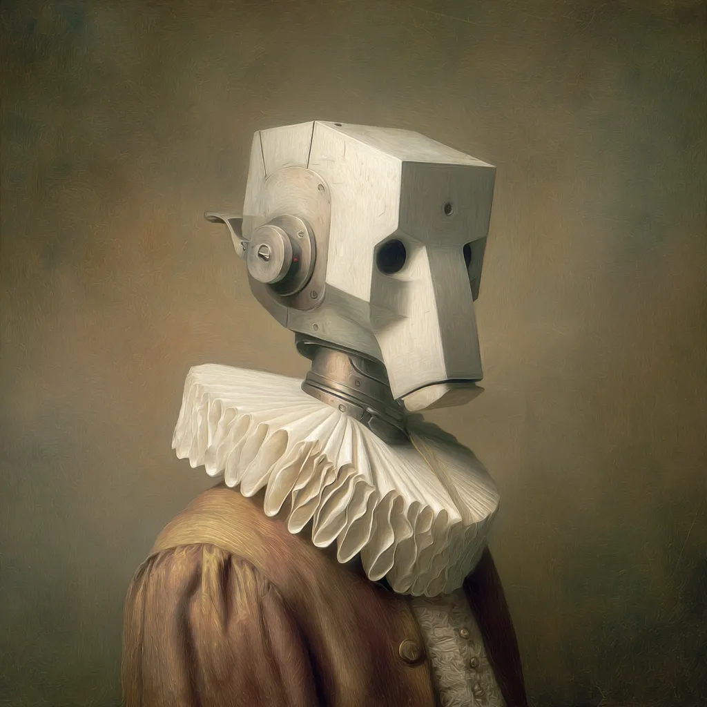 A digital painting in the style of a 17th-century portrait depicts a robot wearing a large, pleated white collar and a brown, gold-toned garment. The robot's head is boxy and angular, made of light beige metal with visible mechanical details. The background is a muted olive-green, enhancing the painting's classical feel. The image contrasts the antiquated clothing with the futuristic robotic head, creating a surreal and thought-provoking piece.