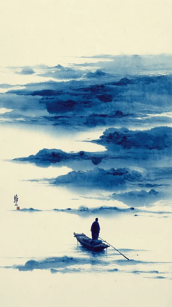 A solitary figure in a small boat navigates a tranquil expanse of water.  The scene is rendered in shades of blue, evoking a serene, misty atmosphere.  Soft, brushstrokes depict a landscape of low-lying islands or clouds reflecting on the water's surface. The overall effect is one of peaceful solitude and contemplation.  The style suggests traditional East Asian ink painting.