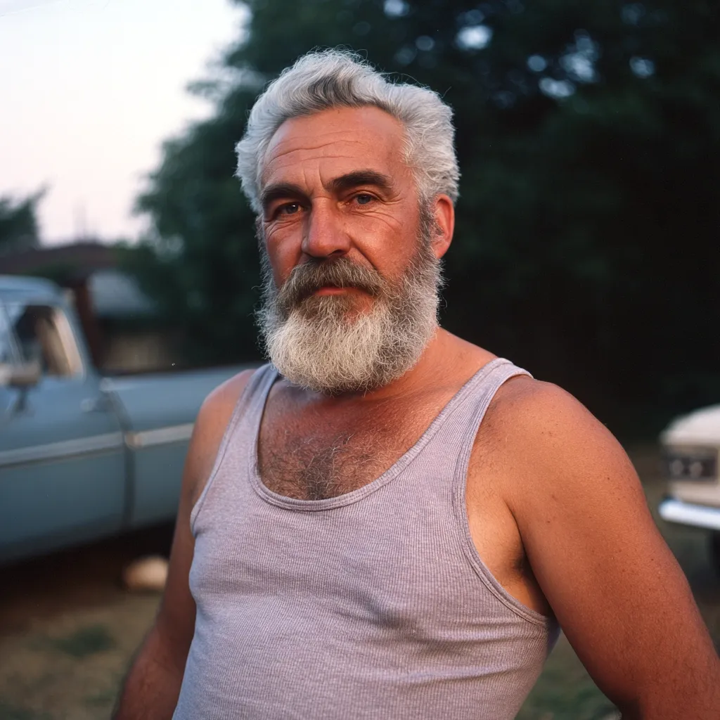A portrait of an older man with a long, white beard and gray hair. He's wearing a light purple tank top and has a somewhat serious expression.  His arms are tanned, and his chest hair is visible. He stands outdoors, with a vintage car partially visible in the background. The setting appears to be rural.