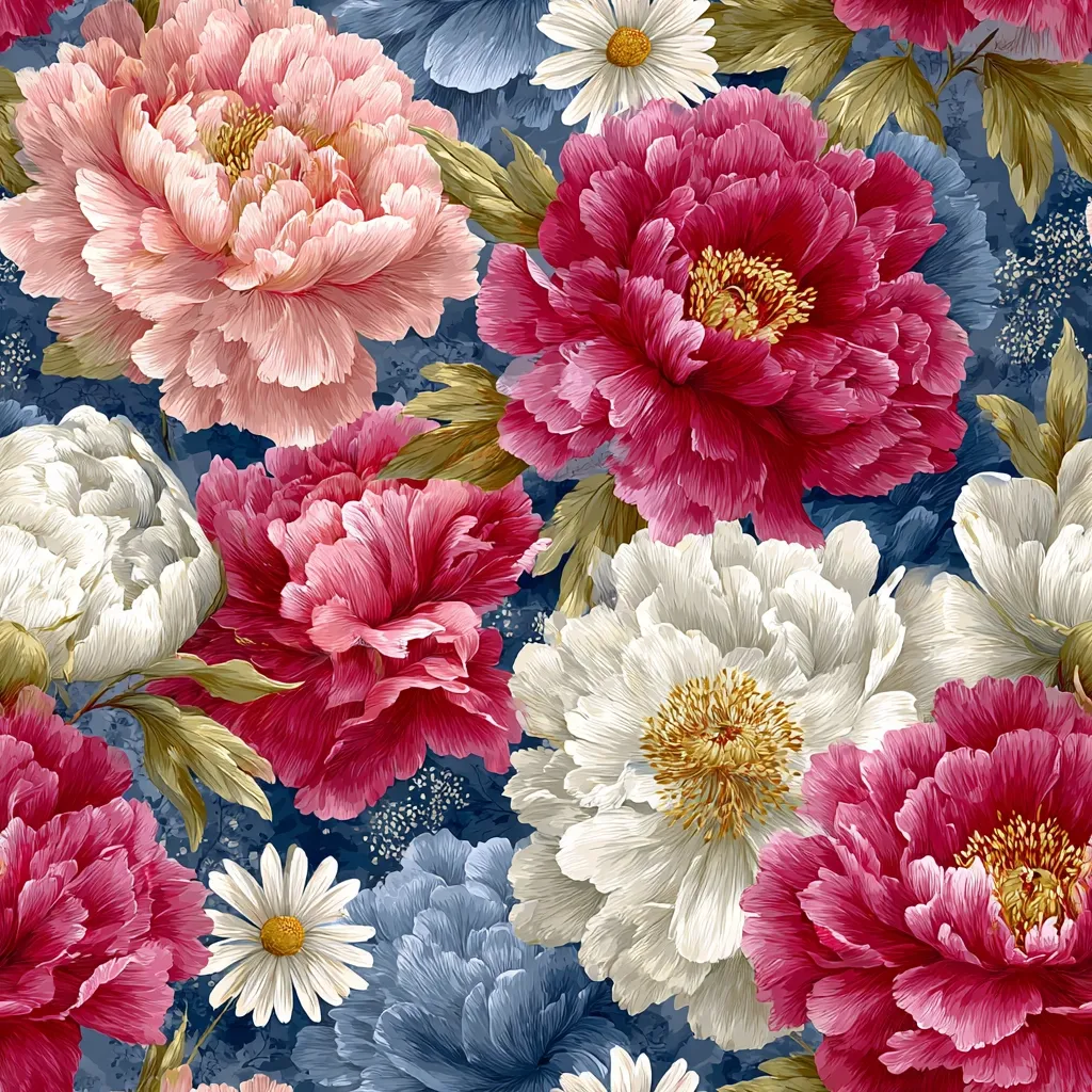 A vibrant floral pattern showcases large, meticulously detailed peonies in shades of pink, red, and white.  Lush green foliage and delicate daisies are interspersed amongst the blossoms, creating a rich, textured effect against a deep blue background. The style evokes a classic, almost painterly quality, ideal for fabric or wallpaper.