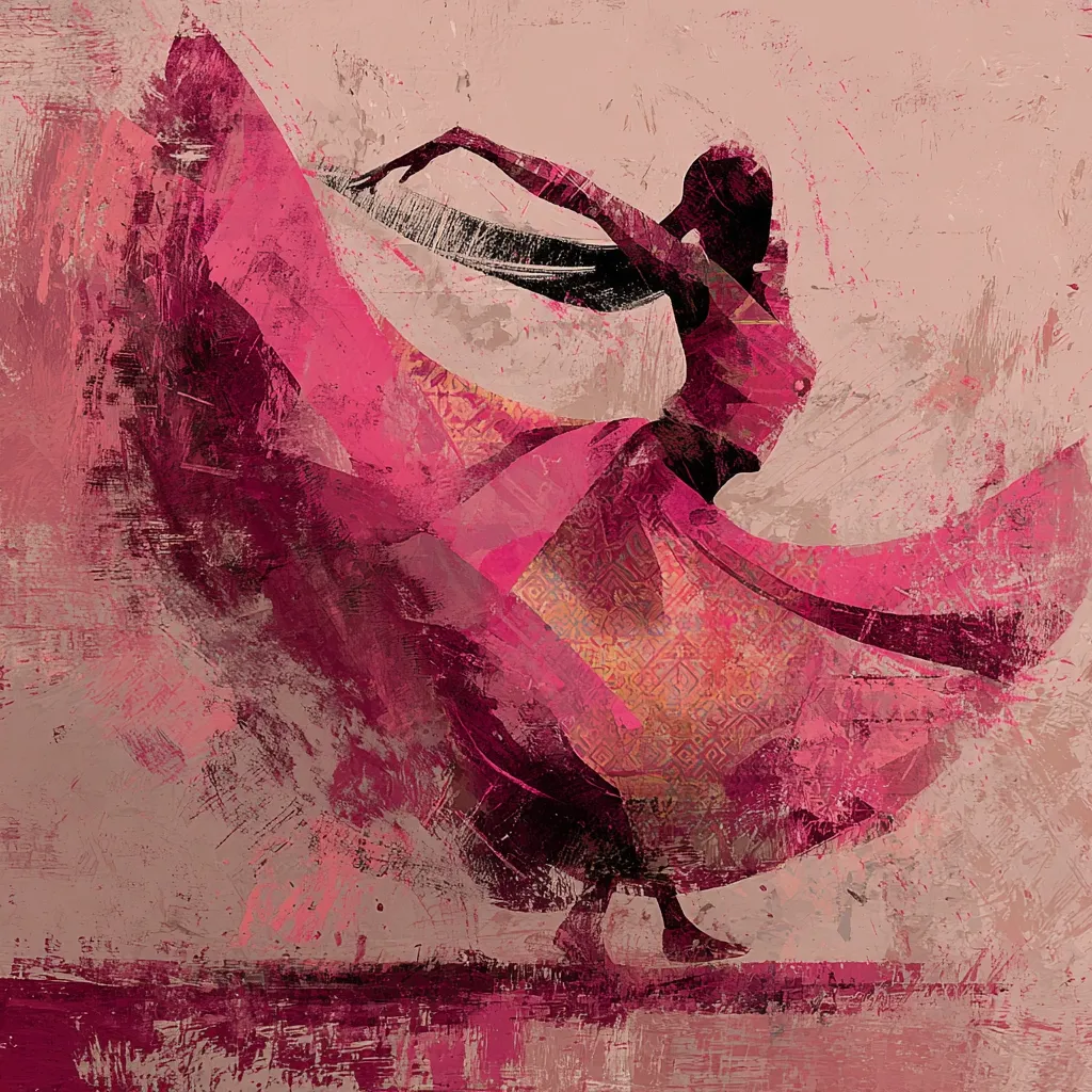 An abstract painting depicts a woman in a flowing pink dress, her arms outstretched in a graceful dance pose.  The style is expressive and textured, with brushstrokes creating a sense of movement and energy.  The colors are predominantly varying shades of pink and mauve, against a muted background. The figure is silhouetted, emphasizing the fluidity of the dress and the dancer's form.