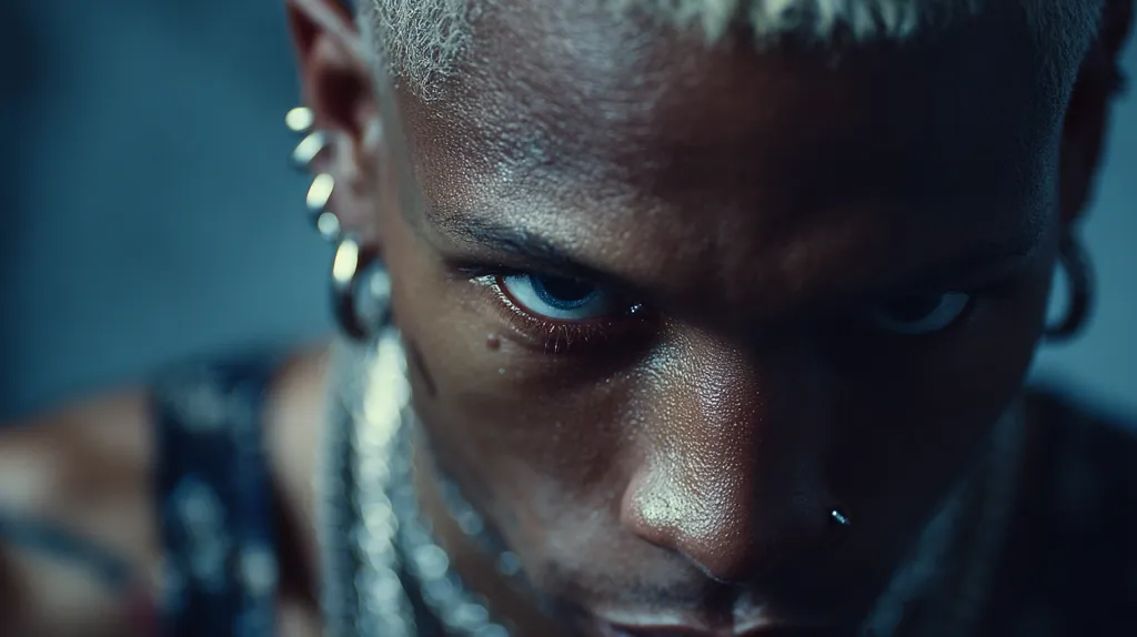 Close-up of a young person with bleached blonde hair, multiple piercings, and heavy silver chains. Their intense blue eyes and serious expression dominate the frame, creating a powerful and edgy portrait. The dark, moody lighting adds to the overall mysterious and rebellious vibe.  The focus is sharply on their face, highlighting the details of their piercings and skin.