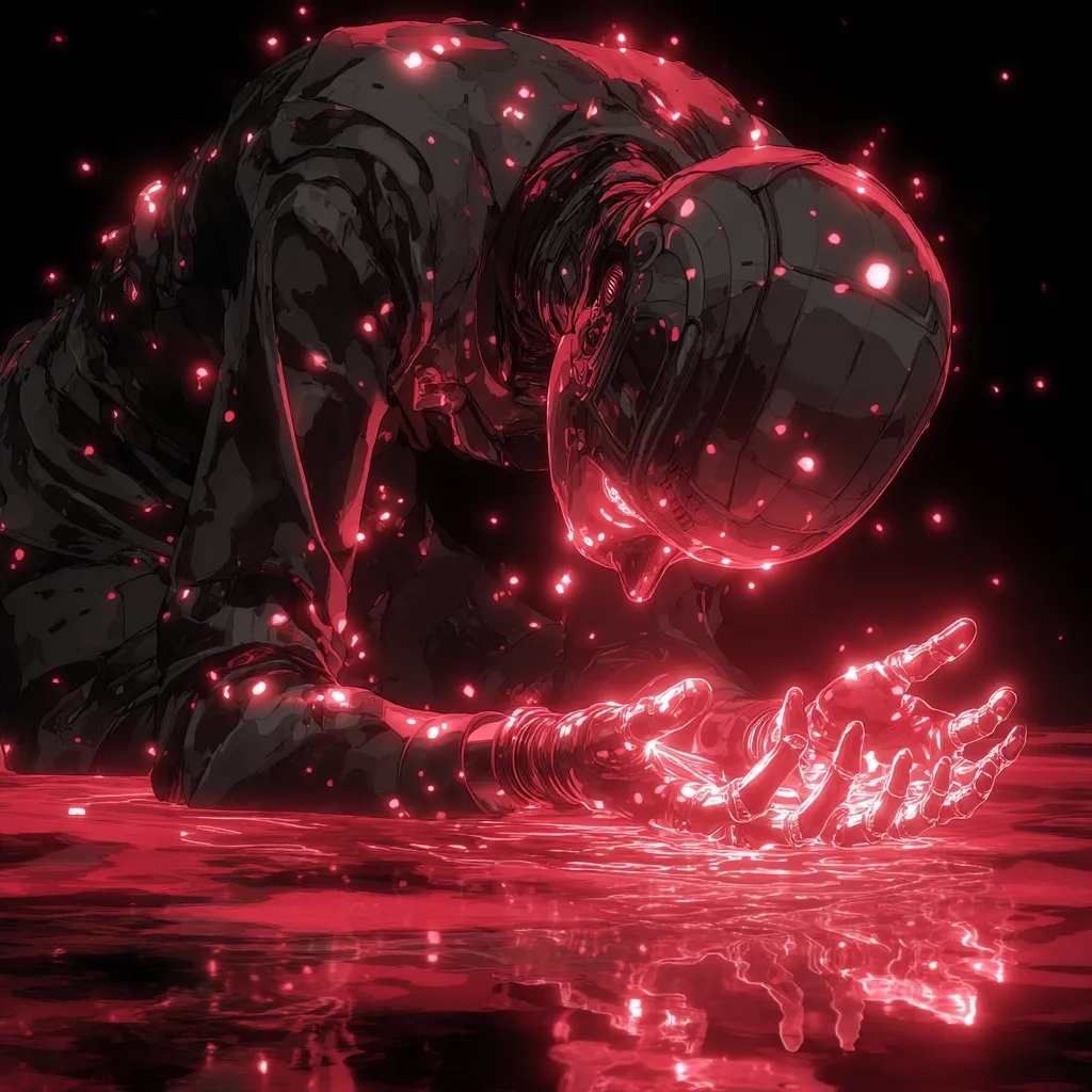 A futuristic, metallic humanoid figure is depicted kneeling in a pool of crimson liquid.  Glowing red particles emanate from its body and hands, which are outstretched towards the reflective surface. The scene is dark and moody, with the figure appearing vulnerable or in a state of surrender.  The overall aesthetic is stylized and dramatic, suggesting a moment of intense emotion or transformation.