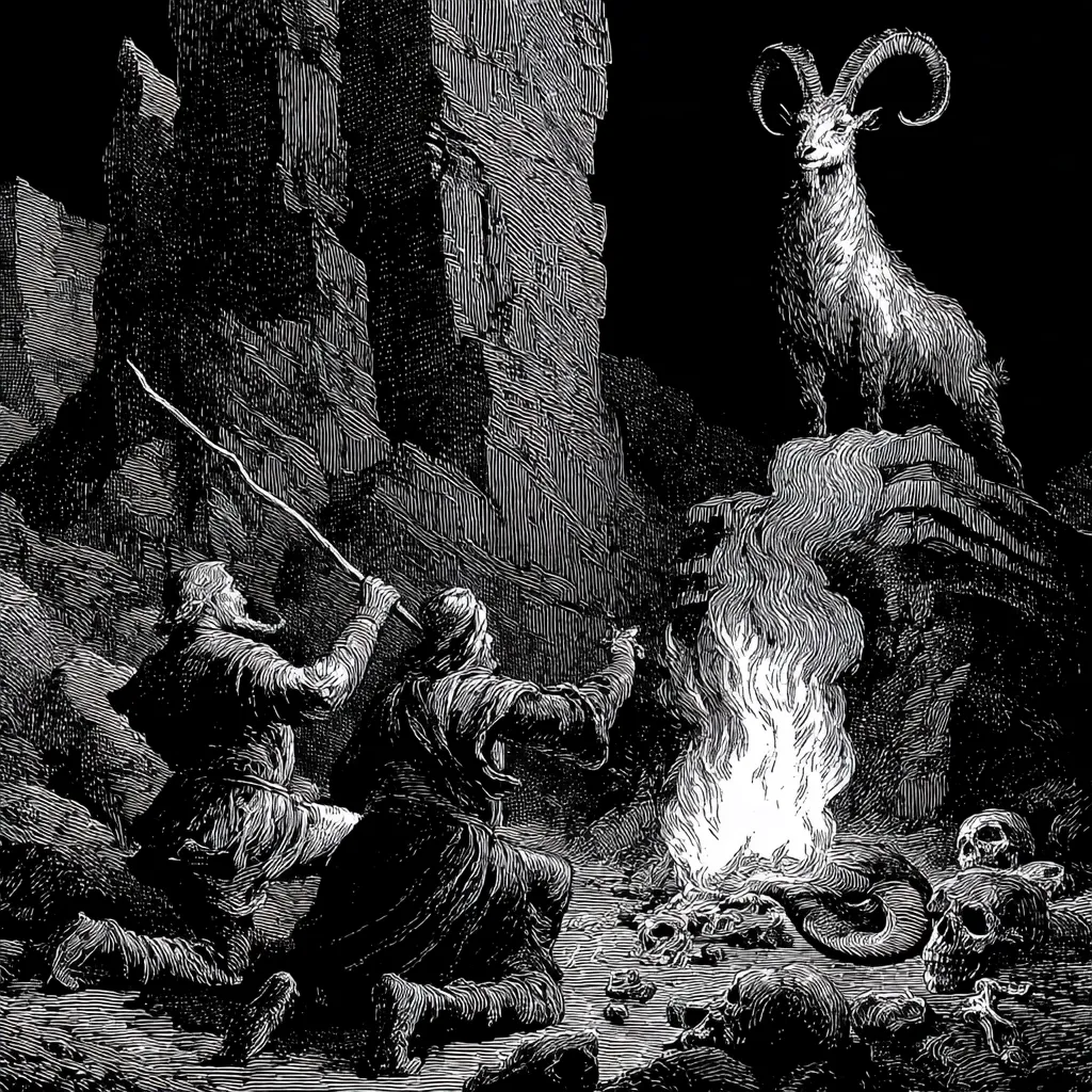A black and white illustration depicts two figures kneeling before a fire in a rocky cavern.  One holds a staff, the other gestures towards a large ram standing atop a stone structure above the flames.  Skulls and bones are scattered around the fire, creating a dark and ominous atmosphere. The style suggests a woodcut or etching, evoking a sense of ancient ritual or a supernatural event.