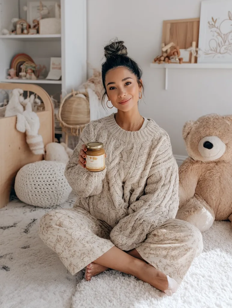 A young woman with a topknot hairstyle sits comfortably on a fluffy white rug in a light beige cable knit sweater and patterned pants. She holds a jar of what appears to be nut butter.  A large teddy bear sits beside her in a softly lit, aesthetically pleasing nursery-like room. The overall scene is calm and inviting.