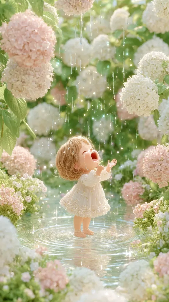 A cute, cartoon baby girl in a white dress stands joyfully in a puddle amidst a lush garden of blooming hydrangeas.  Gentle rain falls around her, creating ripples in the water. The scene is soft, dreamy, and bathed in a pastel palette of pinks and greens, evoking a feeling of serene joy and innocence.  The overall aesthetic is whimsical and charming.