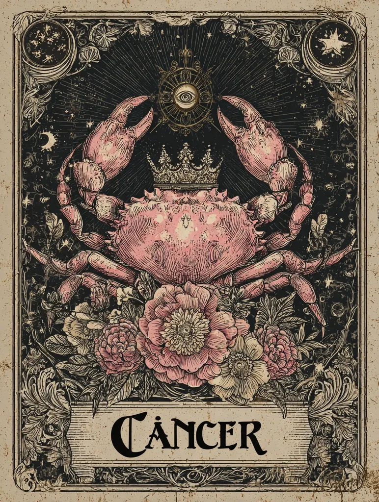 An ornate illustration depicts the Cancer zodiac sign. A pink crab, crowned and positioned centrally, is surrounded by a flourishing arrangement of flowers.  The background features a dark, celestial motif with stars and celestial bodies.  An all-seeing eye is placed above the crab, adding to the mystical ambiance. The word "CANCER" is prominently displayed at the bottom. The style is reminiscent of vintage occult or tarot imagery.