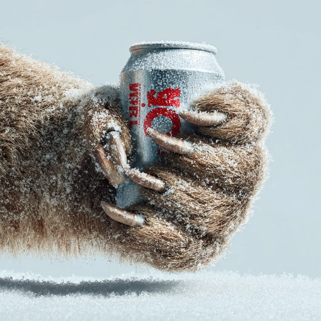 A snow-covered bear's paws gently cradle a chilled can of Coca-Cola.  The scene is set against a minimalist light gray background, with a dusting of snow visible on the fur and the can. The image conveys a sense of cold refreshment in a wintry setting. The bear's claws are prominent, adding a touch of wildness to the commercial feel.