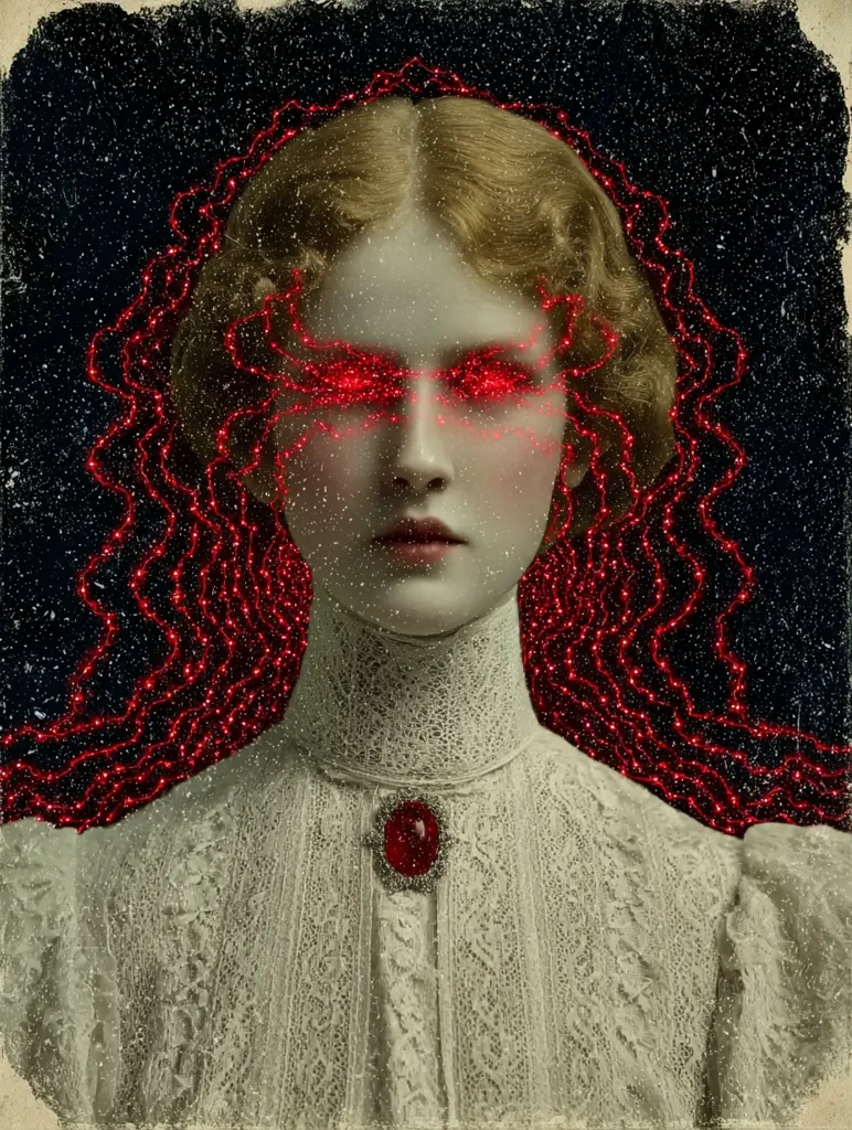 A young woman with blonde hair styled in an early 20th-century fashion is depicted in a portrait. Her eyes glow with an eerie red light, surrounded by a swirling pattern of red strands resembling energy or veins.  She wears a delicate, lacy white dress adorned with a dark red brooch. The overall aesthetic blends vintage photography with surreal and slightly unsettling elements.  The background is a dark, textured backdrop speckled with what looks like snow or dust.