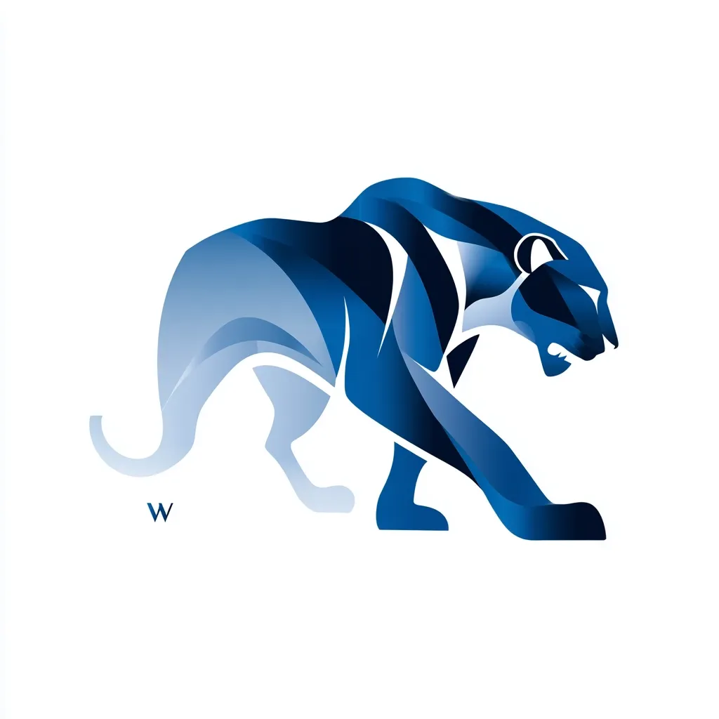 A stylized abstract image of a panther is depicted in shades of blue, ranging from light to dark.  The panther is positioned in a crouching stance, conveying a sense of power and alertness. The design is sleek and modern, possibly intended as a logo or emblem.  A small "W" is subtly placed near the bottom left.